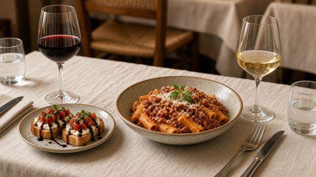 Italian table setting with wine glasses and regional pasta