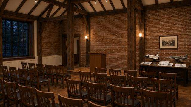 Empty Oxford Community Center hall set for an aerospace talk, with a shuttle model on a side table