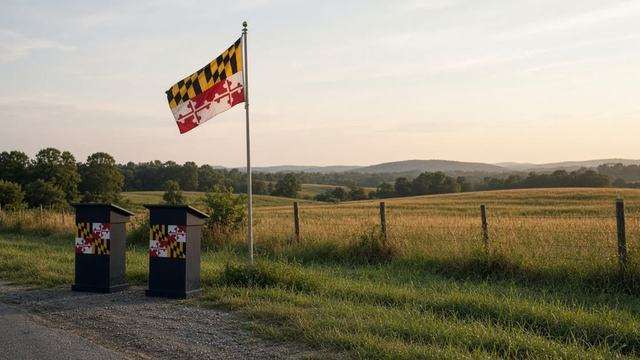 Two empty outdoor podiums and a Maryland flag