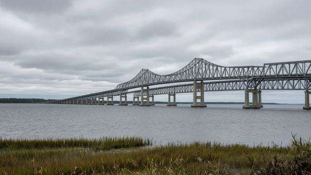 Chesapeake Bay Bridge spans over the Bay near the Eastern Shore approach