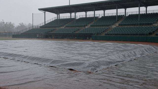Double-A ballpark tarp after a rain cancellation