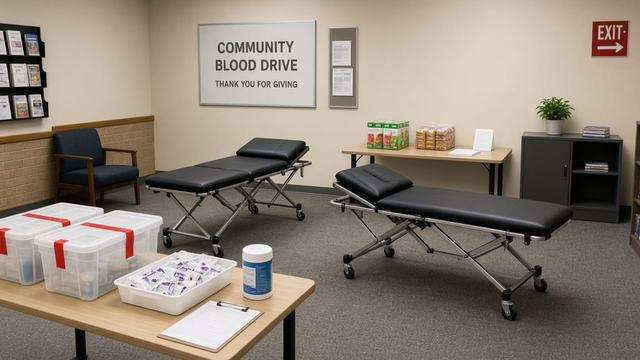 Empty library meeting room set with blood-drive cots and supply bins