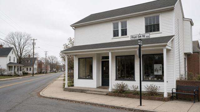 Village retail building on Royal Oak Road with an empty sidewalk