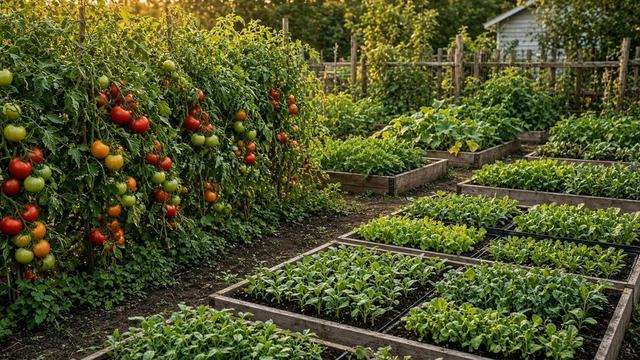 Community garden beds and pathways on a Talbot County campus greenspace site