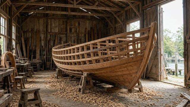 Wooden hull under construction in the CBMM shipyard