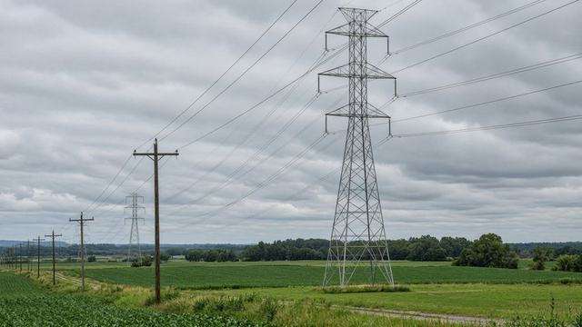 High-voltage lines crossing Talbot farmland outside Easton