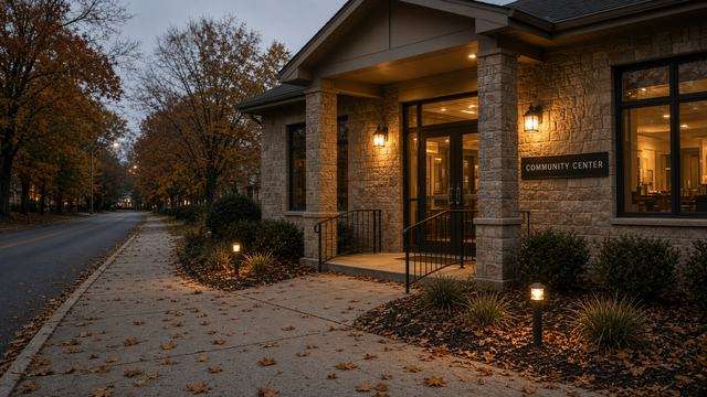 Community center entrance on Oxford Road at dusk