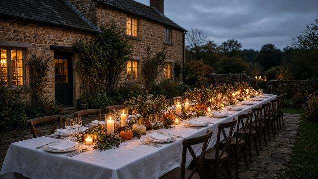 Long communal table set for an evening meal