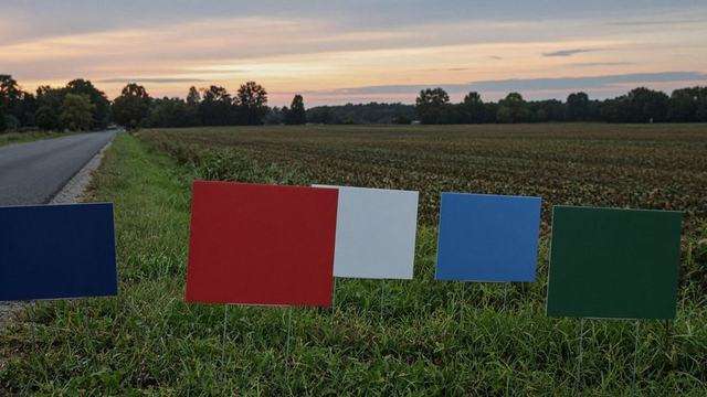 Rural Talbot roadside with mixed campaign yard signs at dusk