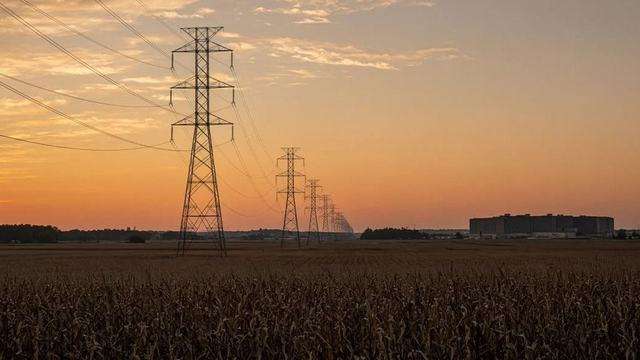 Rural Talbot field under transmission lines at dusk