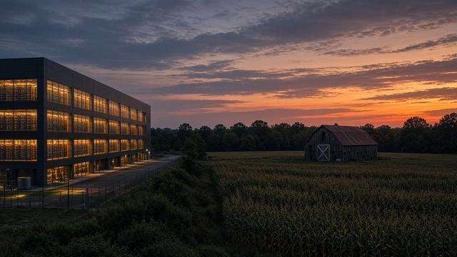 Server hall lights against a Talbot farm at dusk
