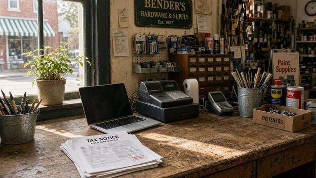 Shop-counter laptop and a paper notice