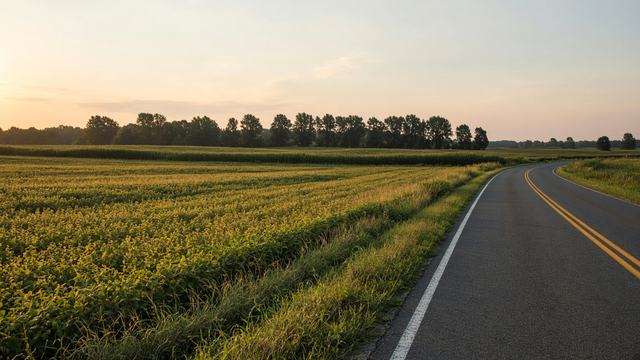 Farm fields and tree line along a rural Talbot County road in Cordova