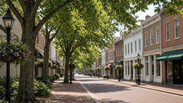 Easton brick storefronts along a tree-lined Main Street