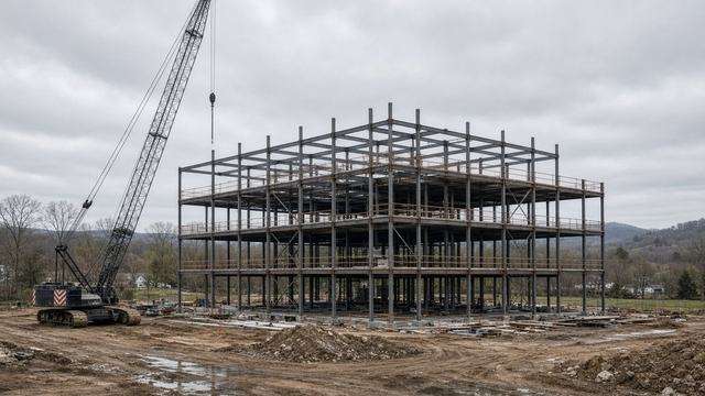 Hospital construction site on Longwoods Road, crane over steel