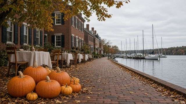 Pumpkins and outdoor tasting tables along a small waterfront main street