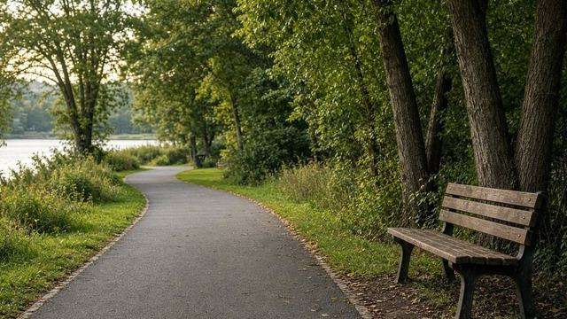 Paved walking path through a Talbot park with a bench