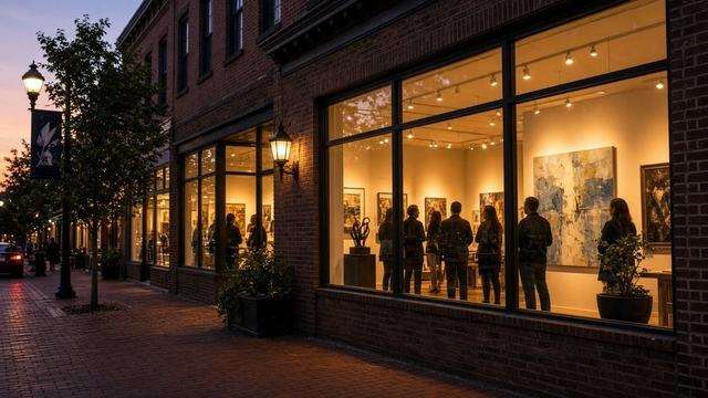 Gallery windows glowing on Easton at dusk