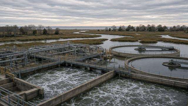 Easton wastewater treatment plant structures along the Shore skyline