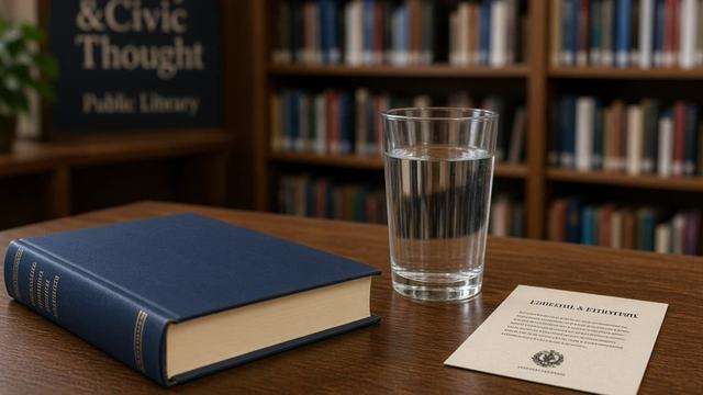 Closed hardcover and a glass of water on a library table before an author talk