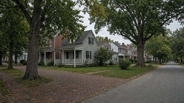 Quiet residential street on The Hill in Easton, empty of people