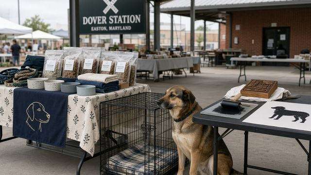 Adoptable-pet market tables and a block-printing station at Dover Station in Easton