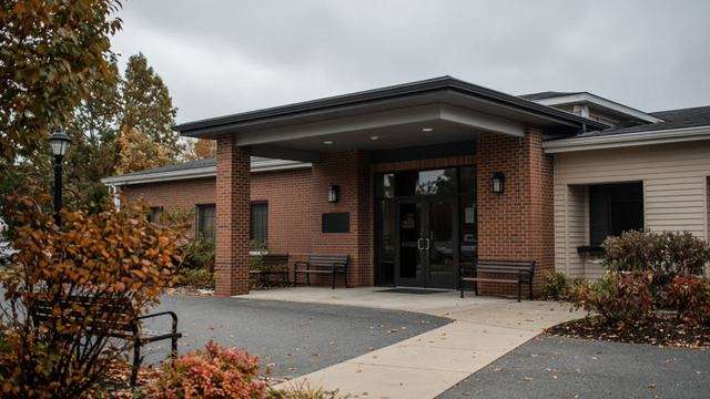 Brookletts Place senior center entrance in Easton, empty benches