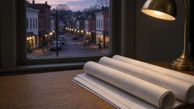 Rolled planning maps on a oak table with Easton street light outside
