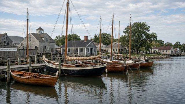 Small craft along the Chesapeake Bay Maritime Museum waterfront in St. Michaels
