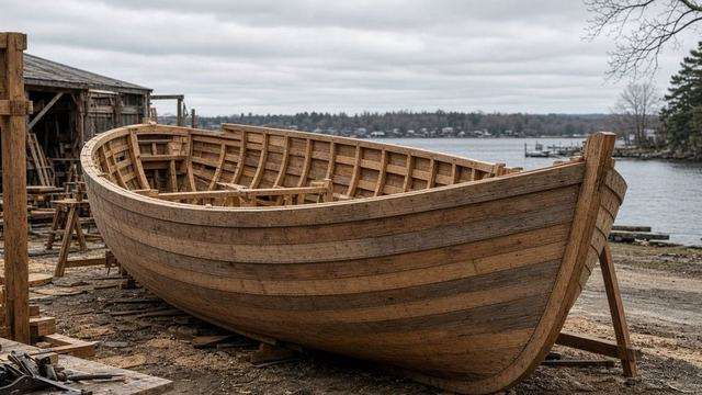 Wooden workboat hull in the CBMM shipyard, St. Michaels