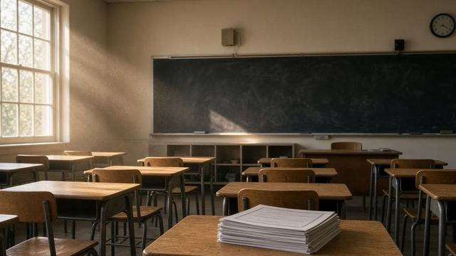 Empty classroom desks and test booklets in late-afternoon light