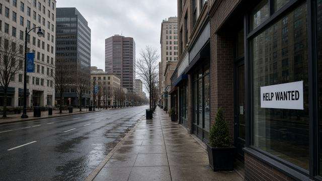 Empty Maryland downtown street of storefronts and office buildings at morning
