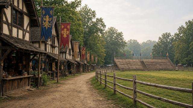 Empty Renaissance festival village lane and timbered shops at Revel Grove