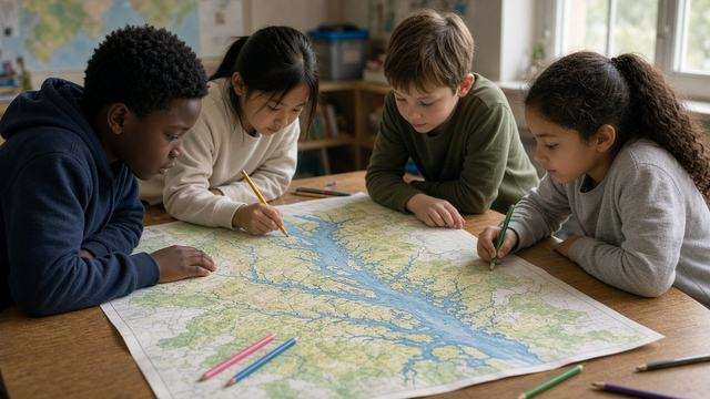 Elementary students studying a watershed map of the Chesapeake Bay