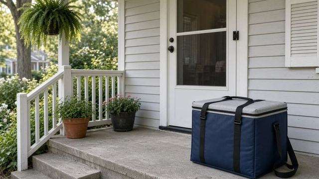 Insulated meal carrier on an Easton bungalow porch