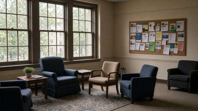 Brookletts Place senior center lounge with empty chairs and windows
