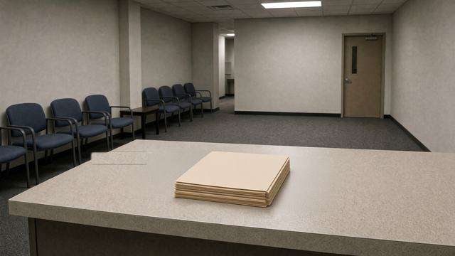 Empty Maryland benefits office counter with a stack of blank folders