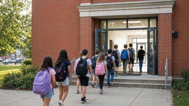 Maryland students entering a public school building in the morning