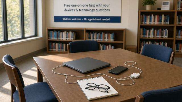 Library table with a closed laptop, face-down phone, and charging cables