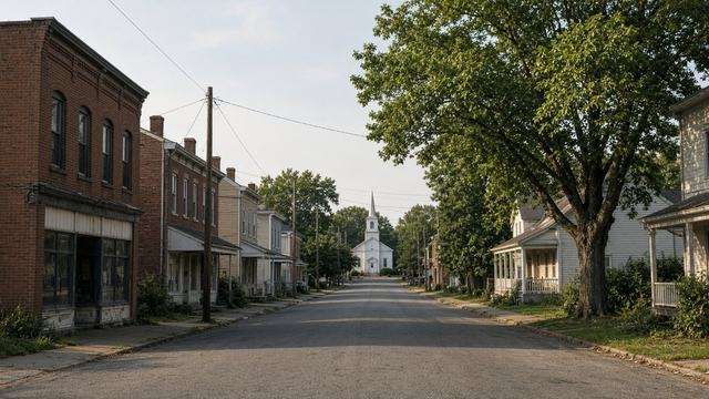 Empty Main Street in Trappe, Maryland, looking toward the church