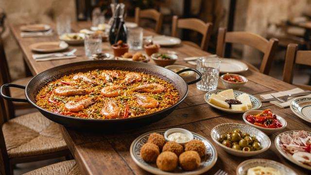 Paella pan and tapas setting for a community dinner
