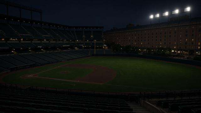 Empty Oriole Park at Camden Yards at night after a game