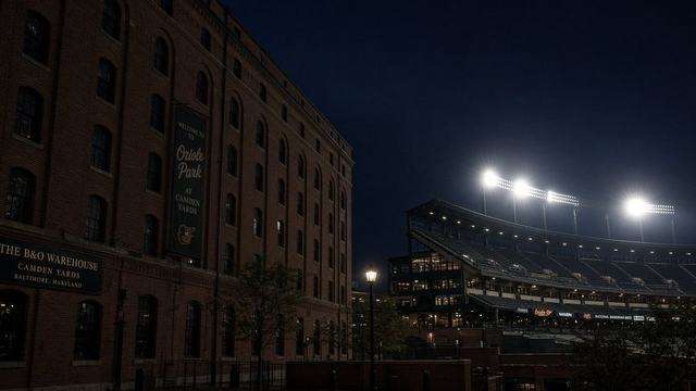 Camden Yards field under Friday night lights