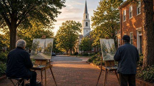 Painters at easels on an Easton street at golden hour