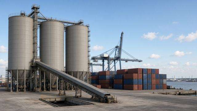 Grain elevator silos beside container stacks at a working port terminal