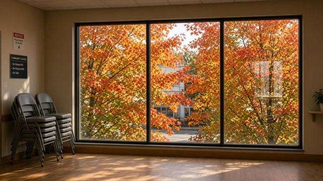 Autumn trees outside a community-center window