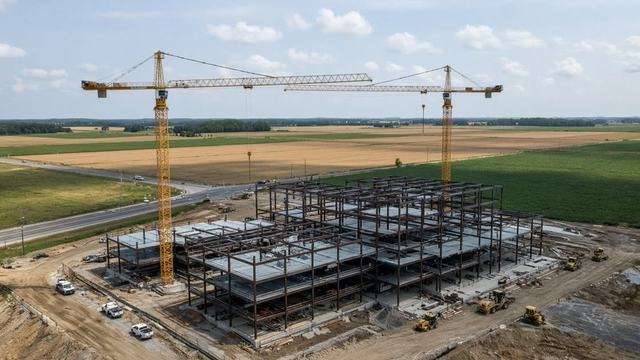 Hospital construction cranes over Longwoods Road fields