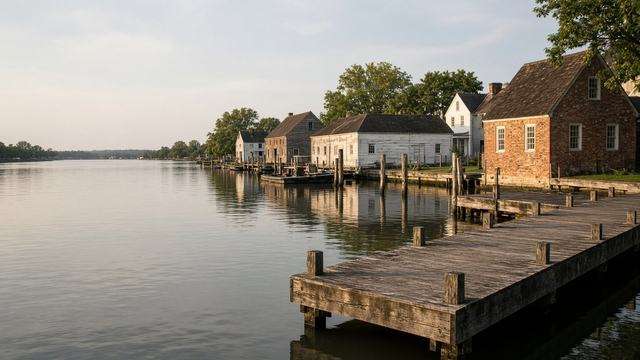 Oxford harbor on the Tred Avon, empty wooden wharf