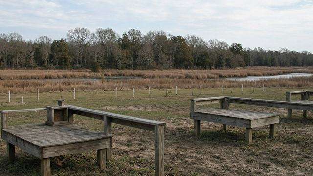 Outdoor clay target stations at a Shore shooting range