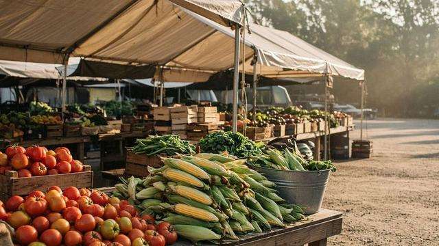 Easton farmers market tents in the Avalon lot on a Saturday morning